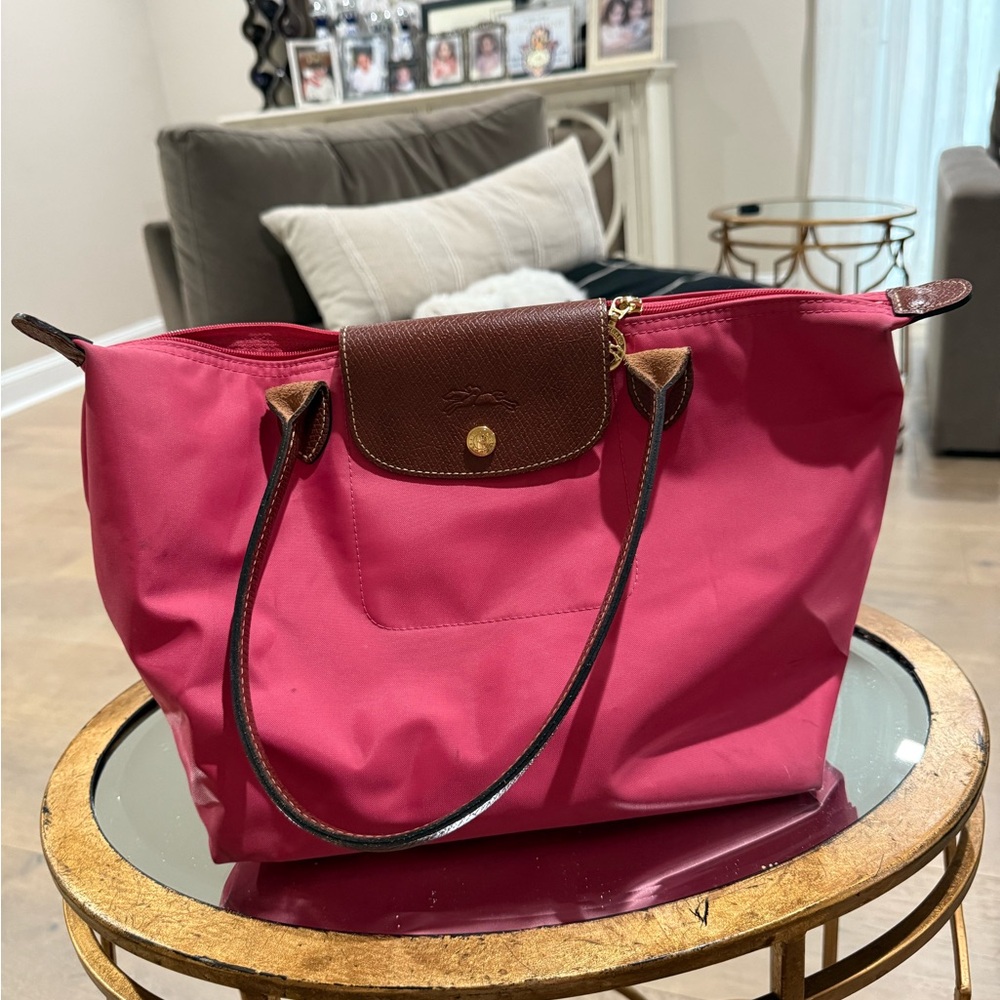 Longchamp Fuchsia Tote with Brown Accents